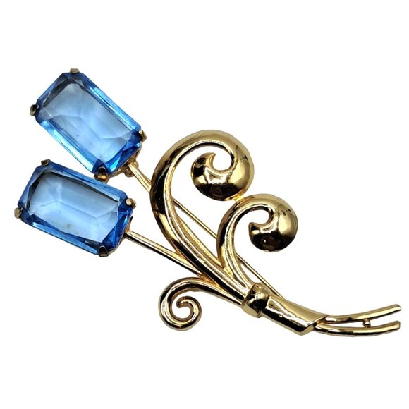 Vintage Gold Tone Floral Brooch With Blue Glass Stones Costume Jewelry - Picture 1 of 11